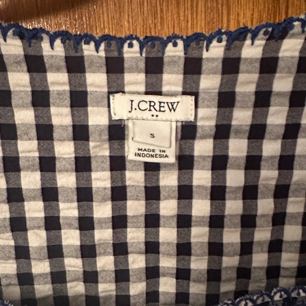 J. Crew Navy and White Checkered Blouse with Embroidery - Preloved